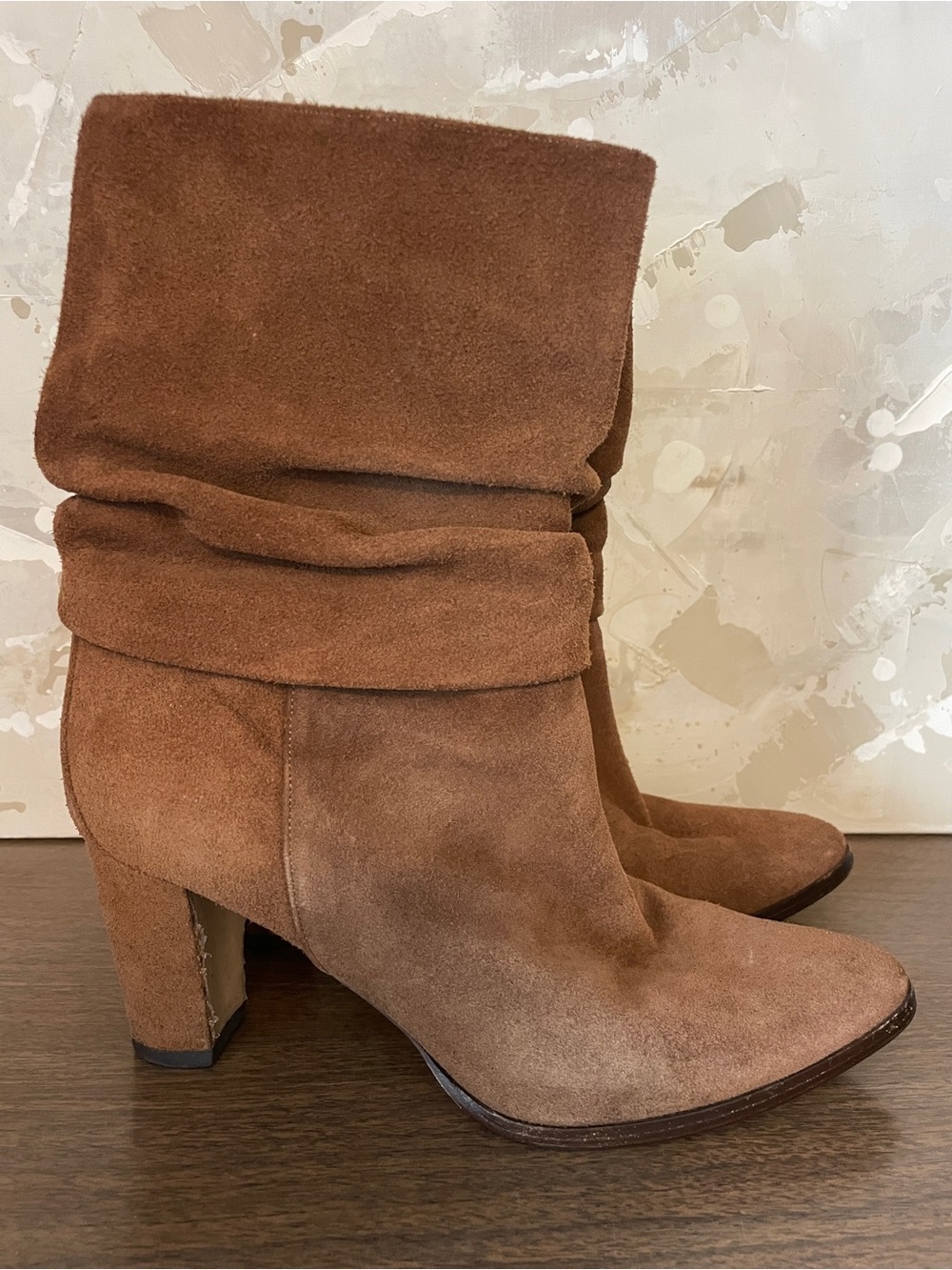 Manolo Blahnik Brown Suede Slouchy Block Heel Mid-Calf Boots